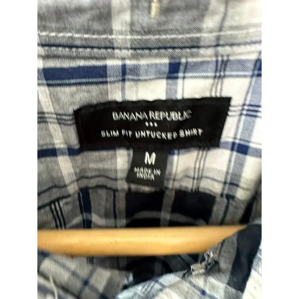 Banana Republic Blue Check Slim Fit Untucked Button Down Shirt Men's Medium